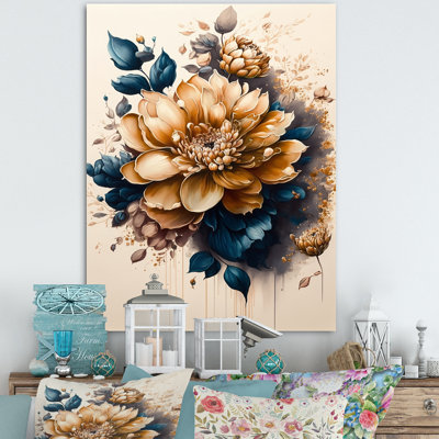 Orange clair et bleu foncé Dhalia I - art mural sur toile floral et botanique