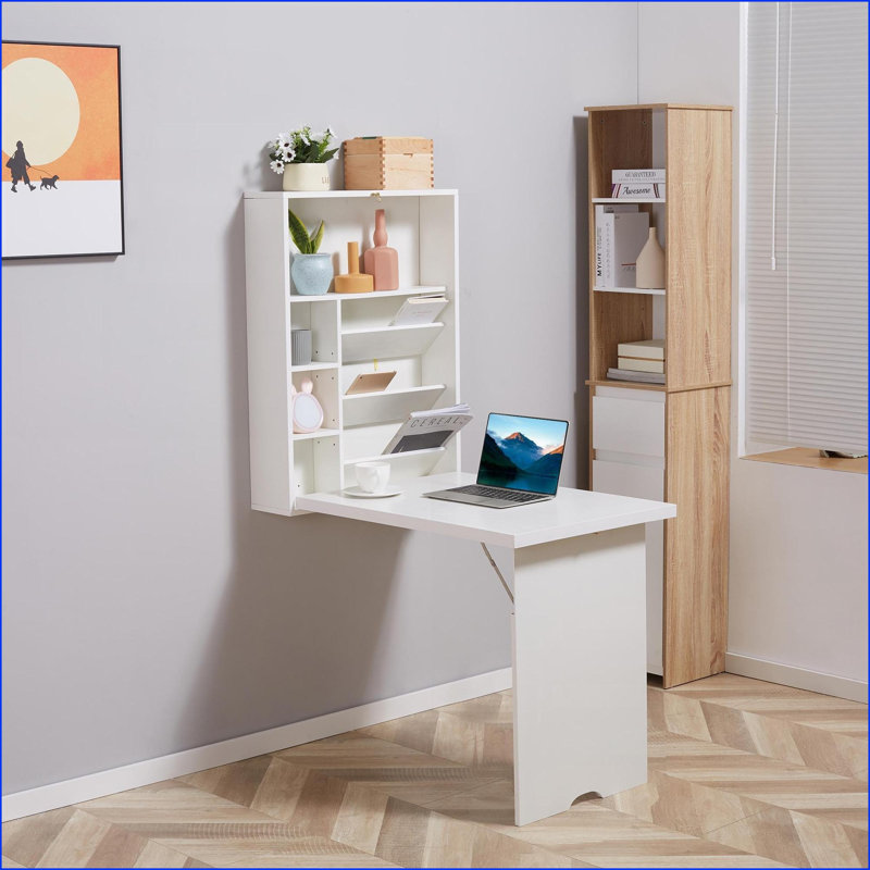 Bureaux | Bureau mural moderne pliable avec tablettes de rangement | Blanc | Bois d'ingénierie