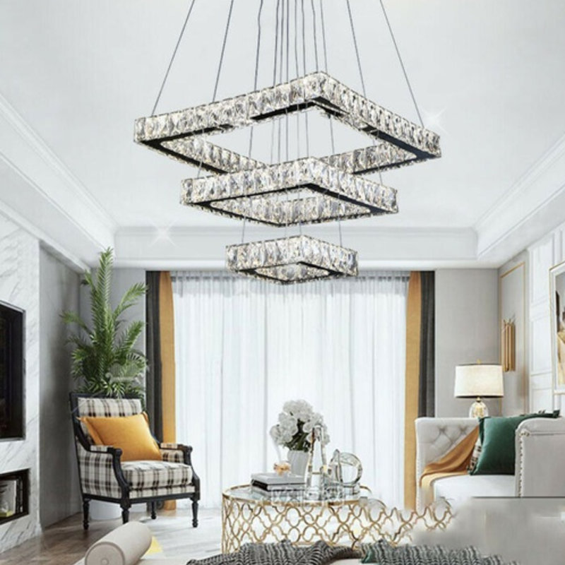 Lihua 1-Modern Crystal Square Chandelier - Luxury Chrome Flush Mount Ceiling Light with LED and Glass Droplets for Living Room, Bedroom, Foyer, and Restaurant