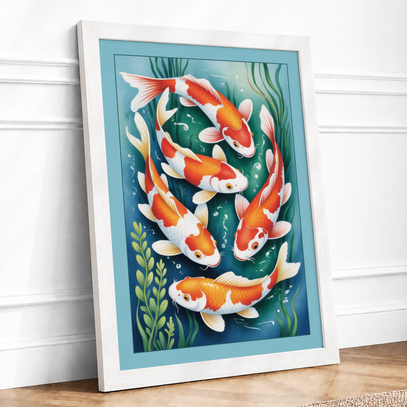 Koi Among Waterplants Japandi - Framed Print, A1 - 84.1 x 59.4 cm, White