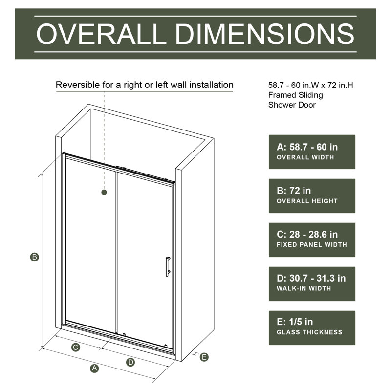 60.26 In W X 74 H Single Sliding Shower Door, 1/5 Inch Tempered Glass, Black, Durability First-rate Functionality