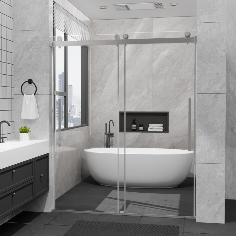 Porte de douche coulissante double demi-cadre l 44 à 48 po x H 74 po, verre trempé transparent 1/4 po, nickel brossé
