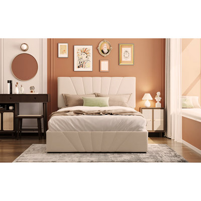Full Size Upholstered Platform Bed With A Hydraulic Storage System - Beige