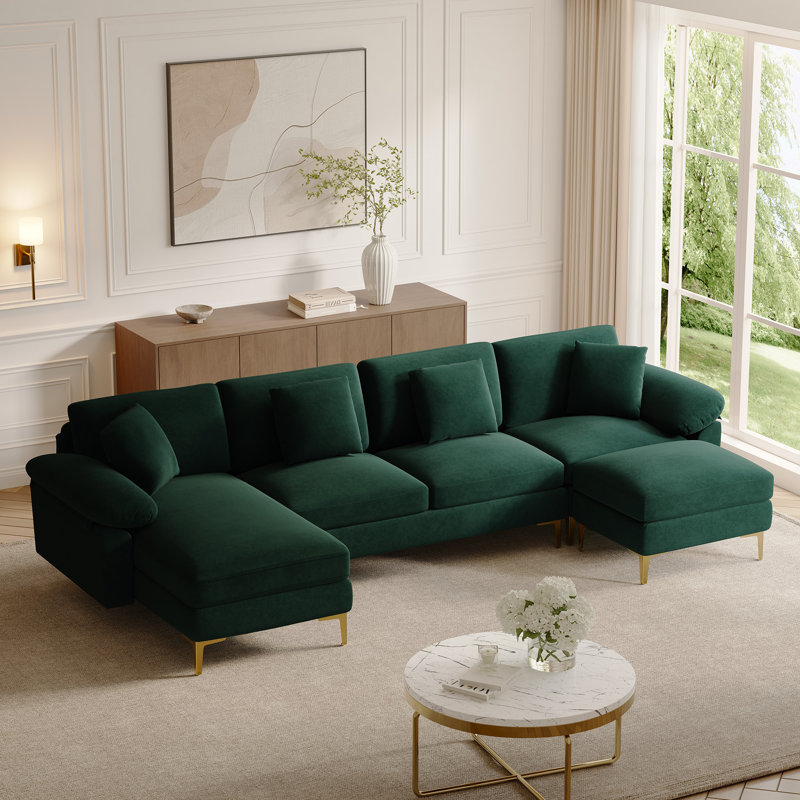 Canapé modulaire en chenille en U 114 po avec méridienne et pieds dorés, Green Chenille