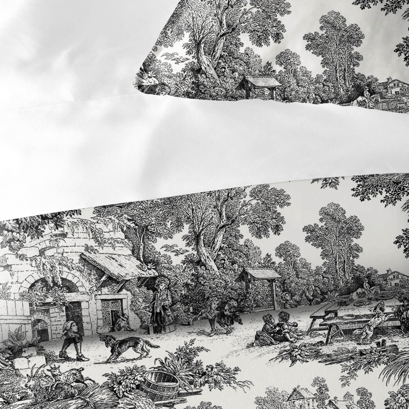 Elysees 100% Cotton Toile Room Darkening Rod Pocket Single Curtain Panel, Black, 50" W x 96" L