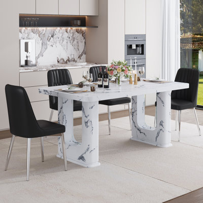 64.5" Modern Faux Marble Dining Table Set With Glass Decor