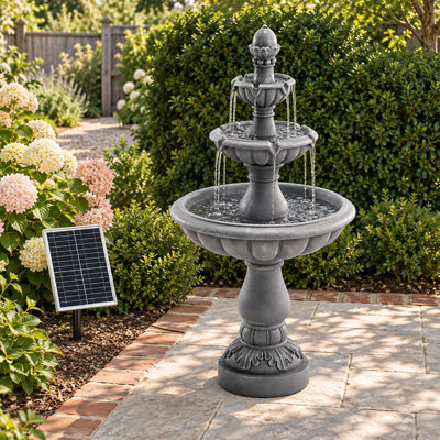 Fontaine de jardin romaine extérieure à 3 niveaux, résistante aux intempéries, sur pied - Gris/Solaire