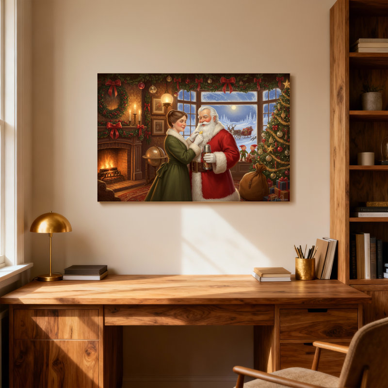 Père Noël et femme dans la chambre de Noël, H 12 po x l 18 po