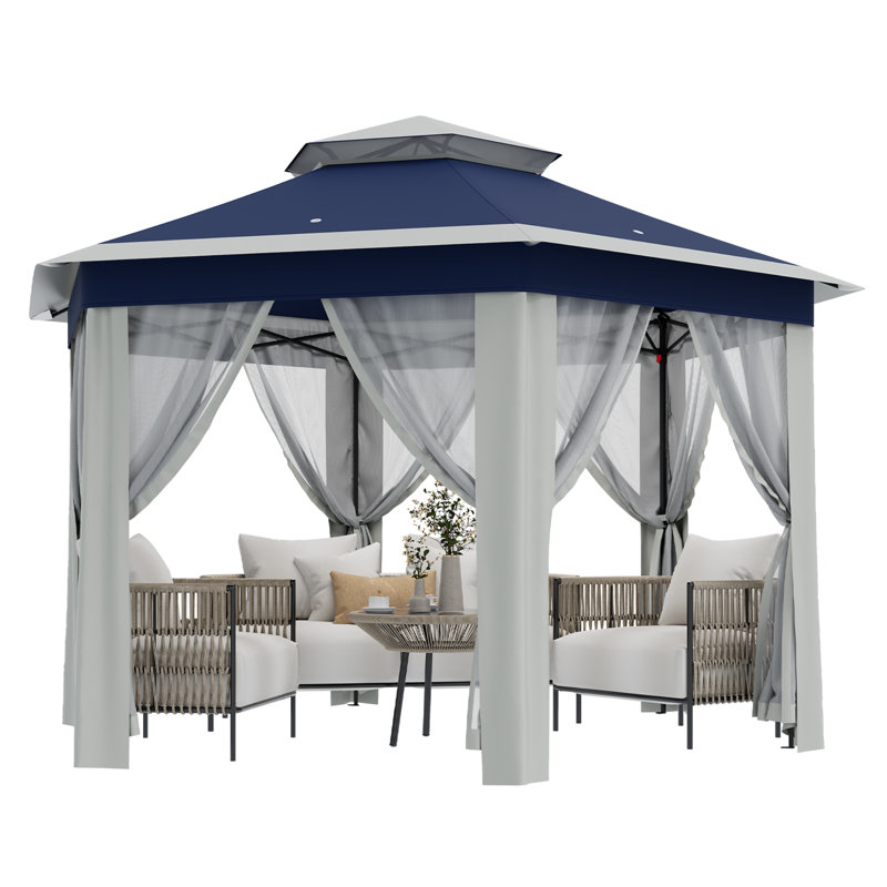 13x13ft All-Weather Pop Up Canopy Tent with Mosquito Netting - Heavy Duty Steel 6 Sided Sun Shelter, Blue