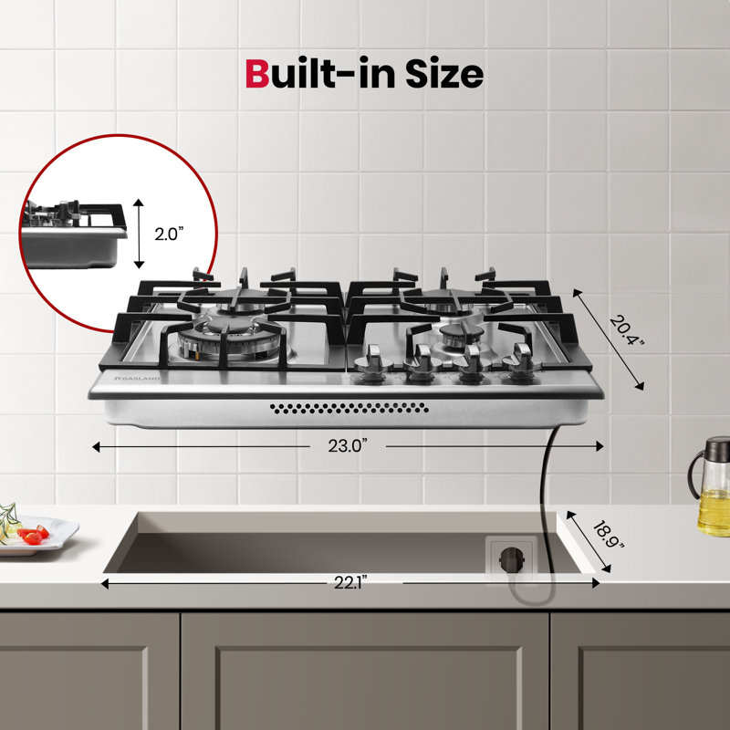 Plaque de cuisson au gaz 4 brûleurs de 24 po en acier inoxydable avec plaque chauffante, convertible au gaz naturel / gaz de pétrole liquéfié, certifiée ETL