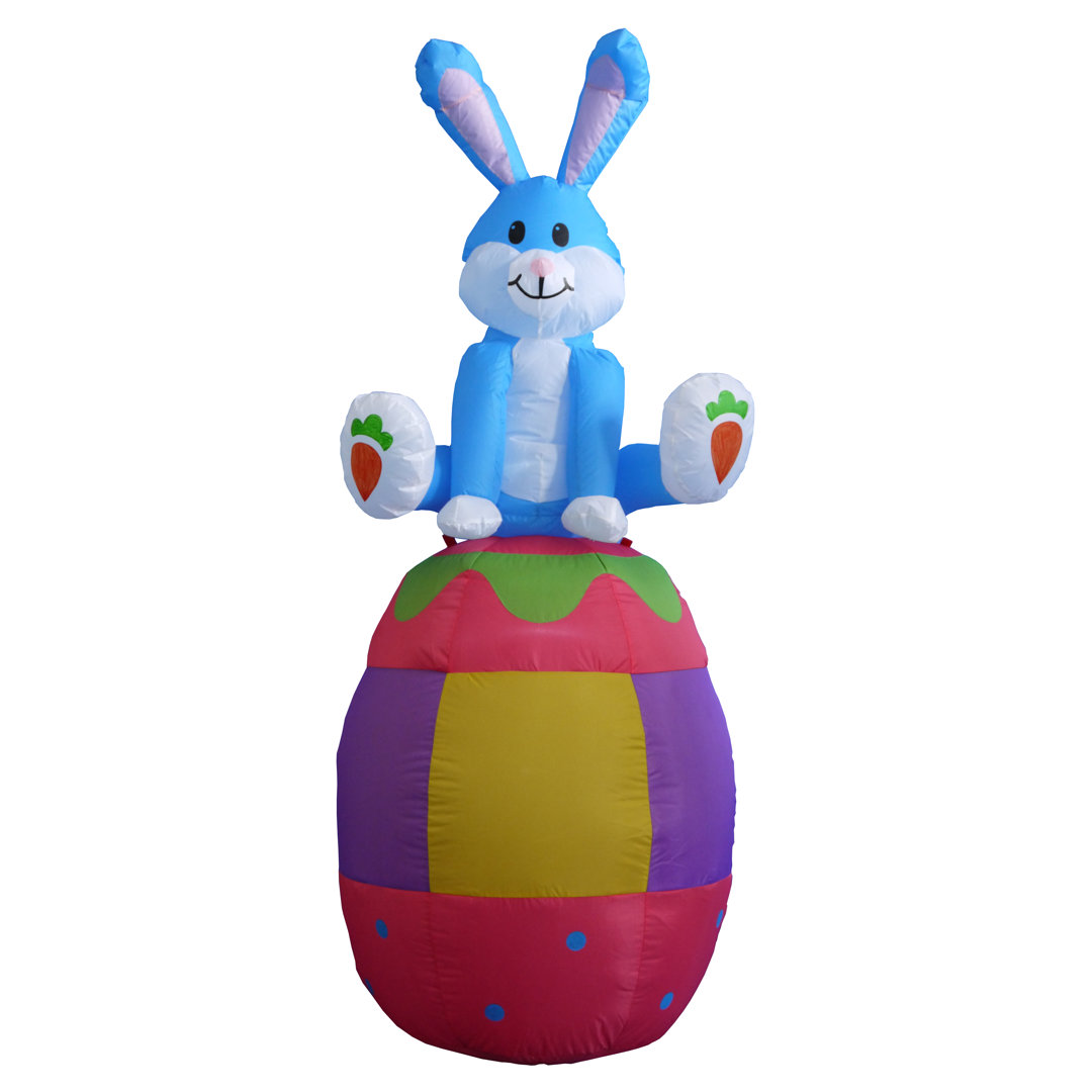 6 Foot Tall Happy Easter Lighted Inflatable Bunny Rabbit Sitting on Easter Egg Indoor / Outdoor Blow Up Yard Decoration Inflatable The Holiday Aisle®
