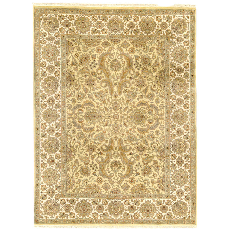 Tapis vert clair et ivoire noué à la main de haute qualité