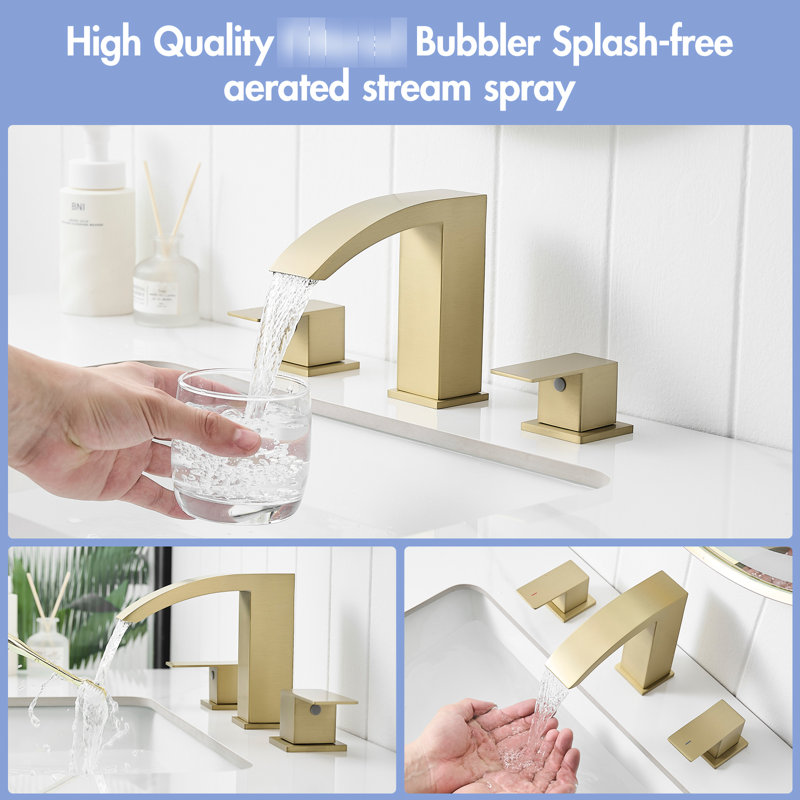 8 Inch Widespread 3 Hole Bathroom Faucet, Stainless Steel, Brushed Gold, Double Lever Design, Side Sink Faucet In Hole, Design