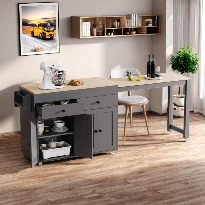 Îlot de cuisine avec table de salle à manger extensible, chariot roulant avec support à épices et tiroirs, Gris