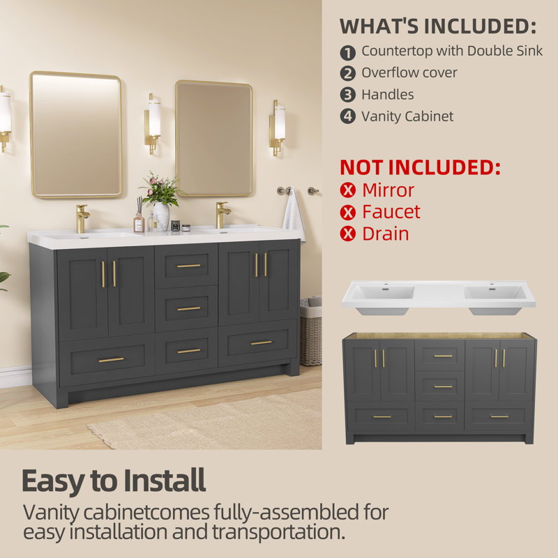 Donnal 60in. Free Standing Double Sinks Bathroom Vanity with Solid Surface Top, Gray