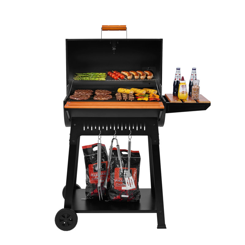 Barbecue au charbon Royal Gourmet de 28 pouces avec tablettes latérales en bois noir