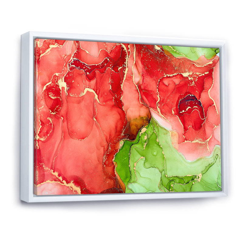 «Red and Green Luxury Abstract Fluid», peinture sur toile, H 30 po x l 40 po x P 1,5 po, Cadre flottant blanc