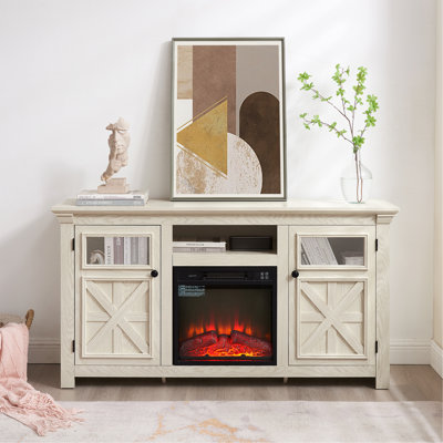 Armoire de ferme à 2 portes, meuble télé de style campagnard, meuble télé de style campagne moderne, grande console de cinéma maison d'inspiration grange avec foyer 18 po, blanc, l 60,23 po x P 15,35 po x 31,7 po