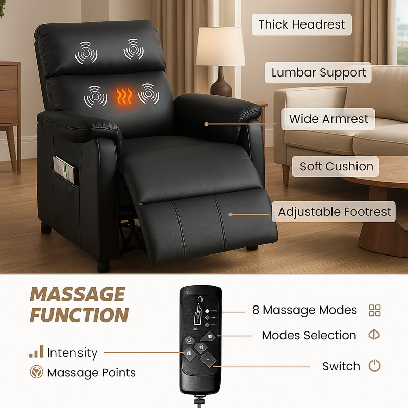 Fauteuil inclinable électrique, avec massage et chaleur, télécommande