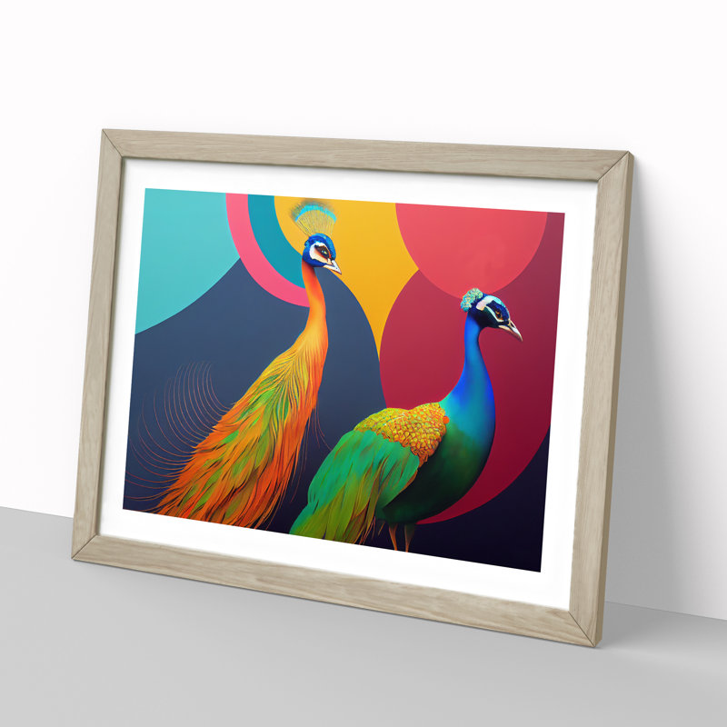 Two Peacocks Abstract - Framed Print, 34cm H x 46cm W x 2cm D, Oak