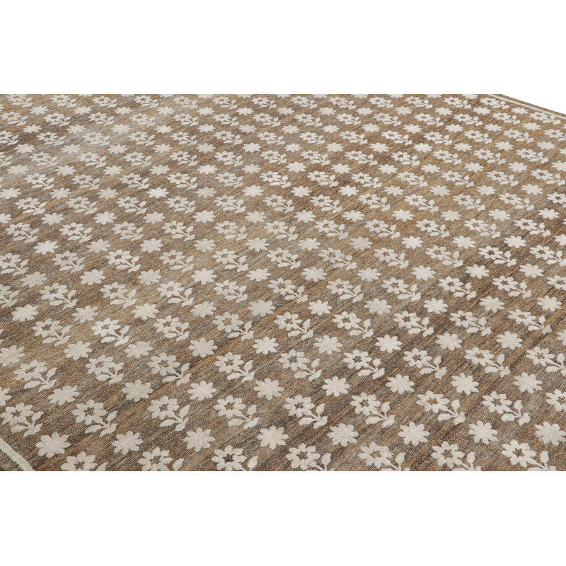 Rug & Kilim’S Modern Block Print Rug In Brown With White Floral Patterns, Rectangle 8' x 10'