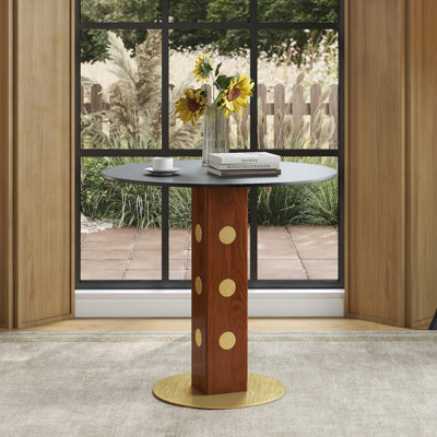Table de salle à manger ronde moderne, table en pierre frittée avec pieds et base en bois, table de cuisine pour 2 personnes