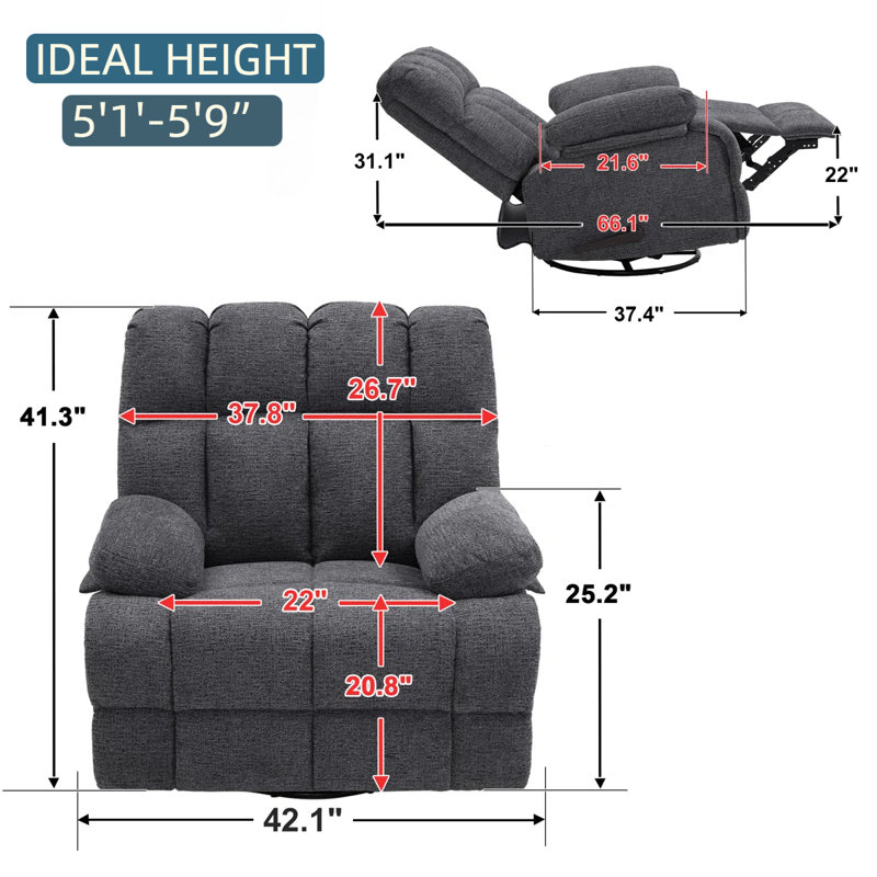 Fauteuil inclinable surdimensionné de 42,5 po de largeur, Gris clair