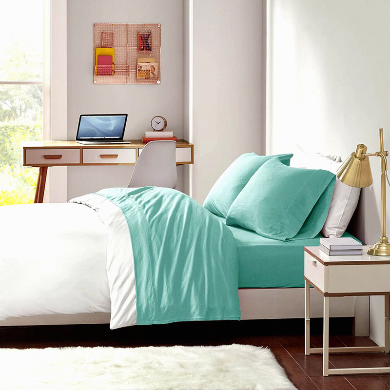 Aqua Dream Cotton Cozy Bedding Set - Soft Wrinkle Resistant Jersey Knit Sheets with Deep Pocket, All Season Queen Size 4 Piece Set, Matching Pillow Case