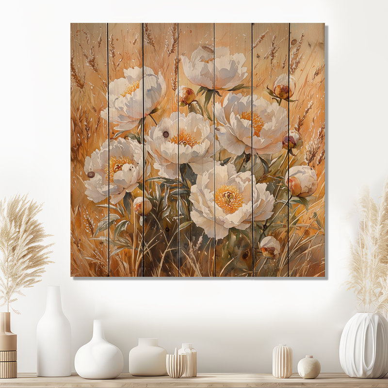 Peonies In The Warm Autumn Field I - Peonies Wood Wall Art - On Natural Pine Wood, 36" H x 36" W x 0.78" D