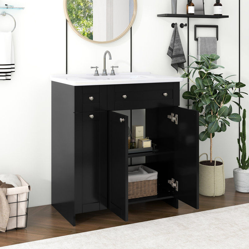 30-inch Black Bathroom Counter With Ceramic Sink Vanity - Functional Design Cabinet 30" & For Modern Bath