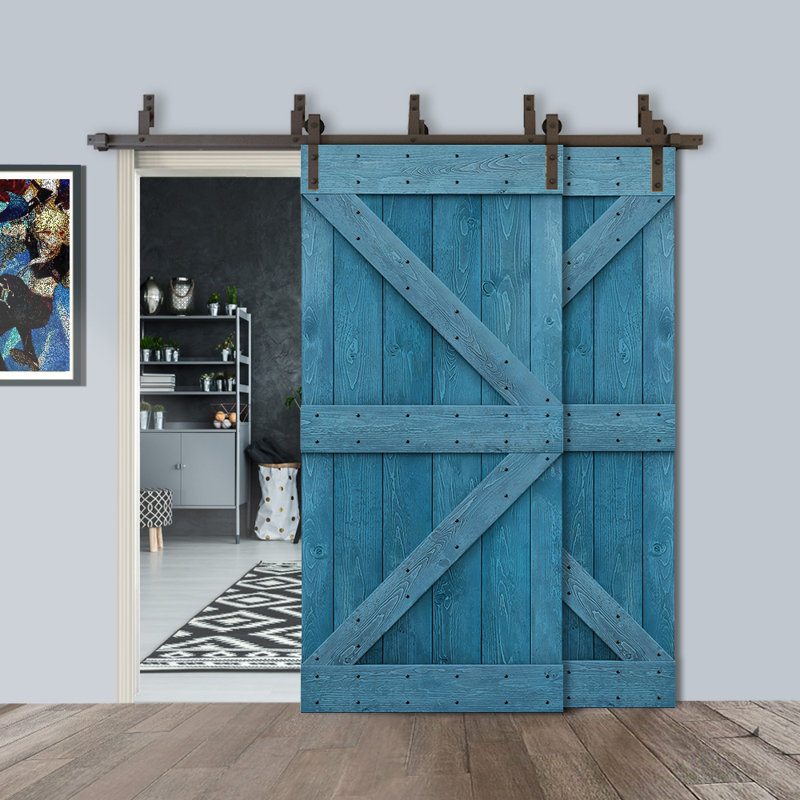 84'' Ocean Blue Solid Pine Barn Door with Oil-Rubbed Bronze Hardware