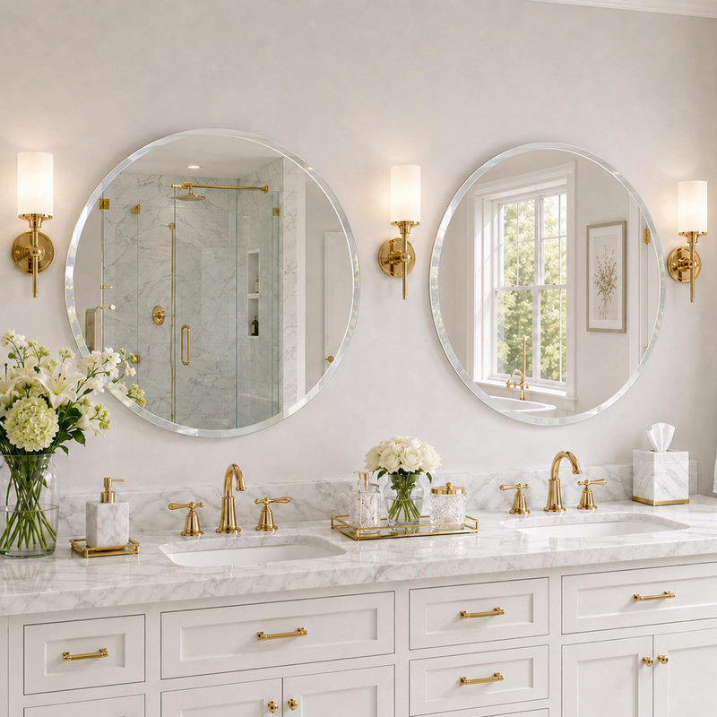 Beveled Frameless Round Bathroom Vanity Wall Mirror for Bedroom Entryway and Living Room,  30" x 30", Round