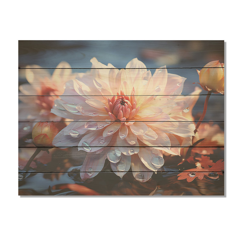 Ponk Dahlia Elegance - art mural en bois de dahlia sur bois de pin naturel, H 30 po x l 40 po