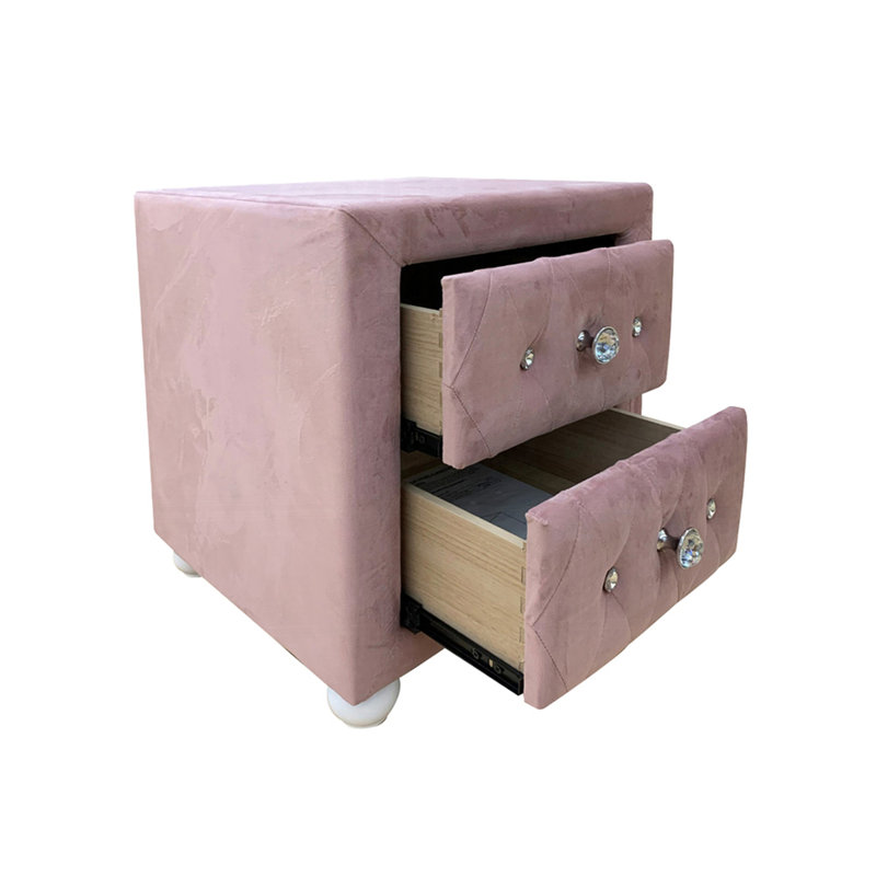 Table de chevet rembourrée en tissu avec 2 tiroirs, rose