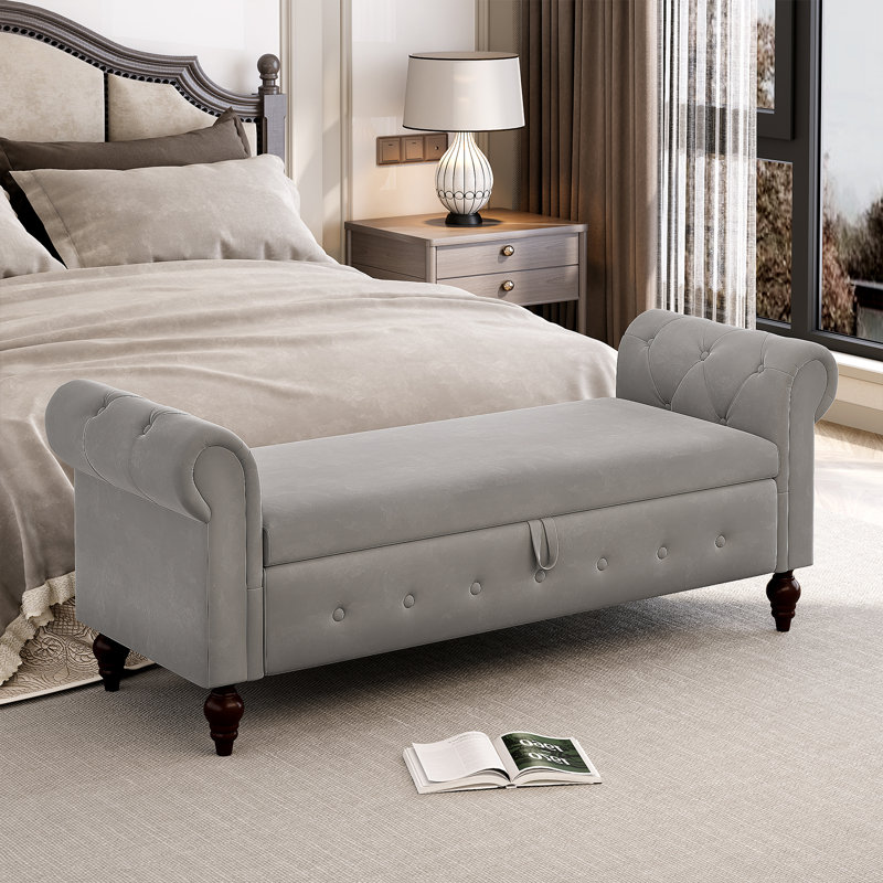 Banc de rangement avec repose-pieds pour chambre à coucher, banc de bout de lit avec accoudoirs, Gris