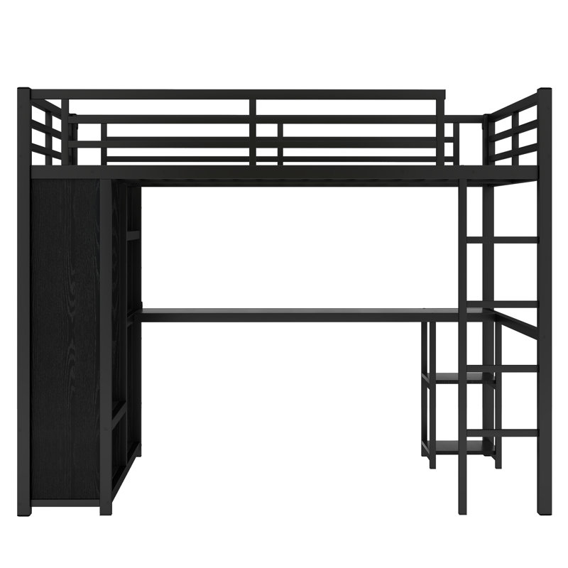 Metal Loft Bed Frame with Built-in Wardrobe, Desk, and Storage Shelves for Bedroom, Space-Saving Design, Black, Full