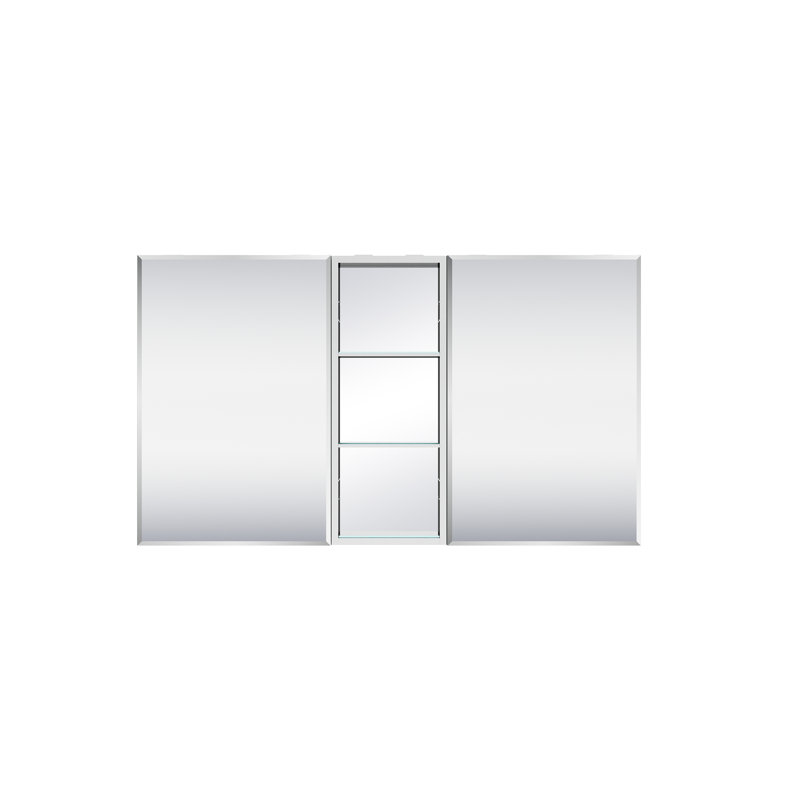 Armoire à pharmacie encastrée ou en saillie en aluminium avec miroir biseauté et tablette ouverte, 132 cm (L) x 76 cm (H).