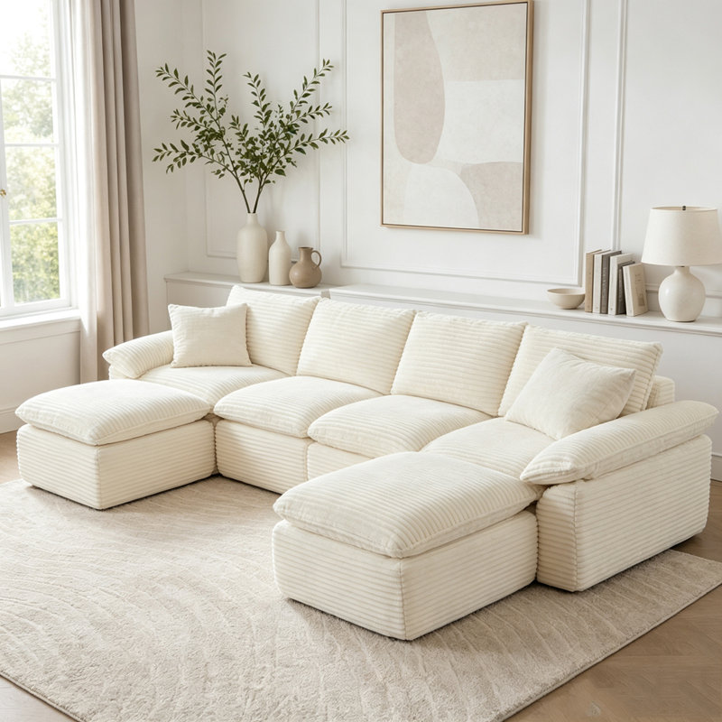 Canapé moderne en velours côtelé, Blanc-4Seat-2Ottman