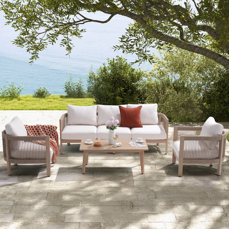 Clorie 5-Person Solid Wood Outdoor Sofa Seating Group with Cushions, 4 Pcs: Cushions, Table, Sofa, Chair