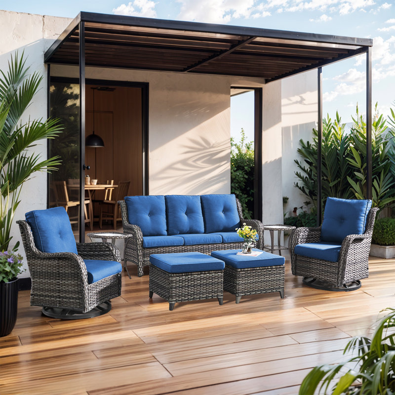 Bonia Wicker 5 - Person Patio Conversation Set with Cushions, Blue/Gray