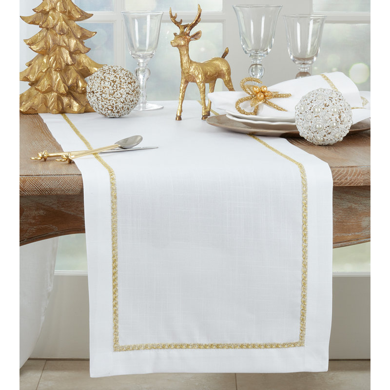 White and Gold Embroidered Border Polyester Table Runner