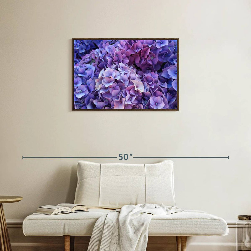 Grappes d'hortensias mauves, 46 po x 31 po, Cadre flottant noyer