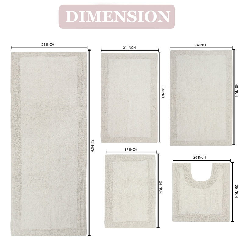 Bruss Luxury 100% Cotton Bath Rug (Set of 5) Reversible, Ivory