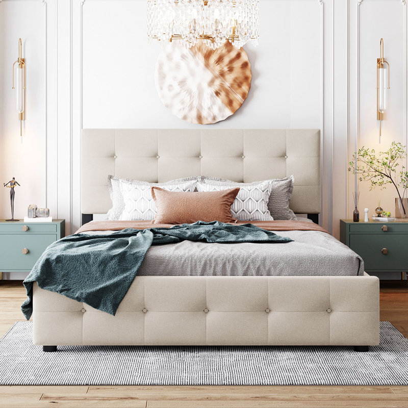 Dearbhaile Queen Tufted Storage Platform Bed with Trundle and Headboard, Dark Beige
