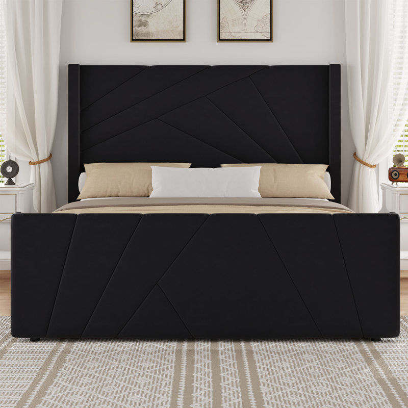 Wingback Design Velvet Upholstered Platform Bed with Geometric Tufted Headboard & Footboard, Black, Queen