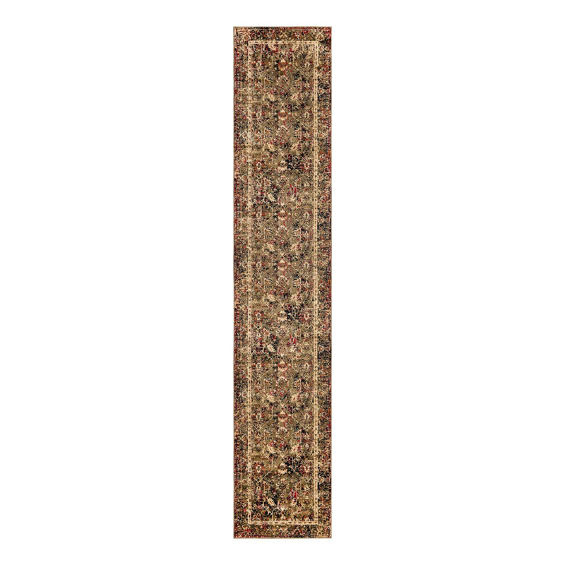 Tapis à motif géométrique vert / rouge / brun clair Alameda, Tapis de couloir 2 pi 7 po x 14 pi 1 po