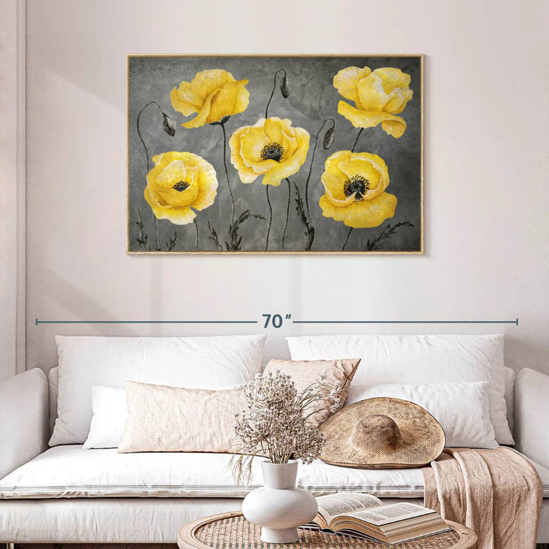 Coquelicots jaunes, Cadre flottant en bois naturel, 43 po x 29 po