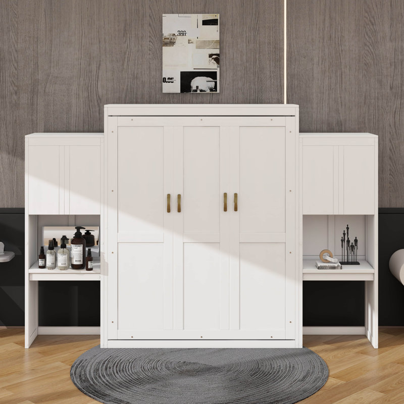 Queen-Sized Murphy Bed Featuring Built-In Desk, Vanity, And Storage Cabinets, White