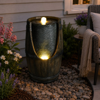Rustic Resin Barrel Outdoor Fountain with LED Lights and Bird Bath