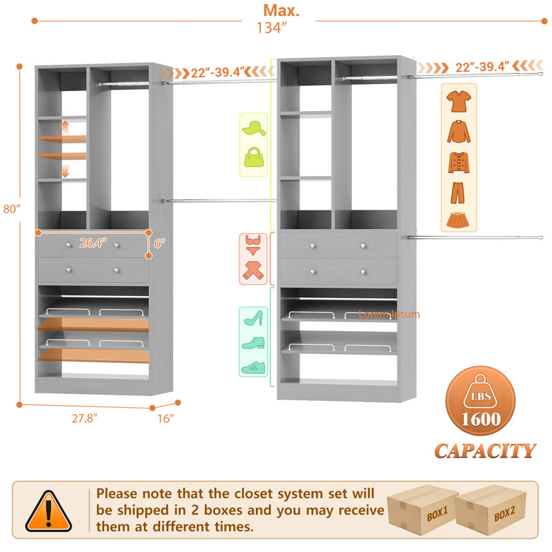 Closet System With 4 Wooden Drawers And Shoe Racks, Gray